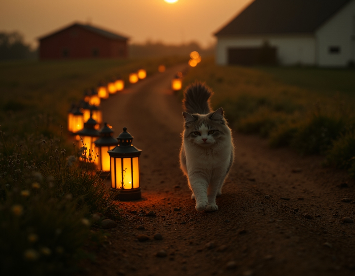 Cat enjoys a quiet walk along a farm path, illuminated by the soft glow of evening lanterns.